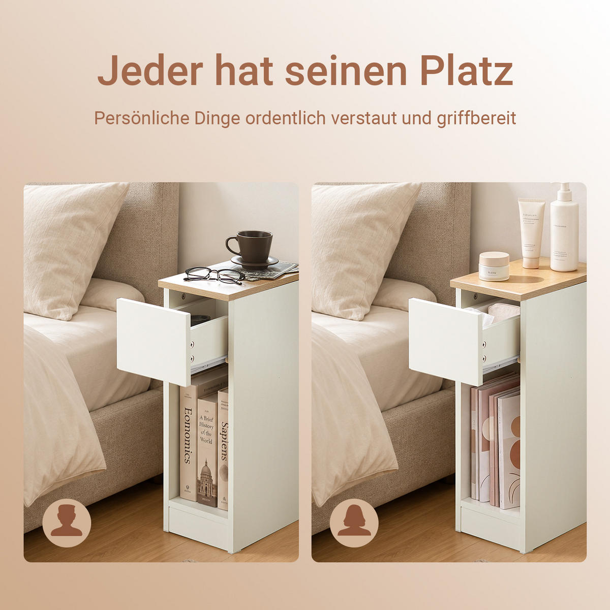 NACHTTISCH 2er-Set, 20 cm schmal, Weiß-Natur mit hellholzfarbener Platte, 20x35x60 cm - Weiß, Holzwerkstoff (20/60/35cm) - SoBuy