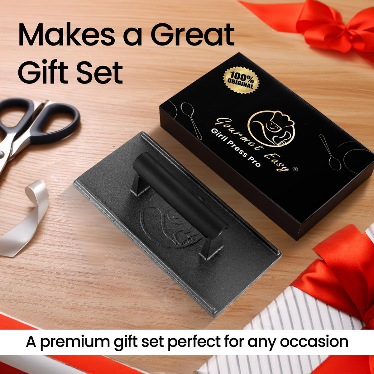 GRILLPRESSE,GRILLPRESSE, Schwarz, 3lb Gusseisen, Smash-Burger-Presse mit Hitzeschutzgriff - Schwarz, Metall (24/6.5/12cm) - Gourmet Easy