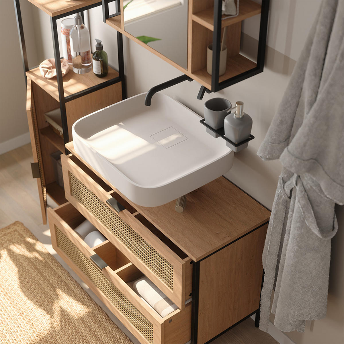 BADMÖBEL-SET Linara, Eiche, 3er Set - Eichefarben, Holzwerkstoff (80/59/35cm) - Vicco
