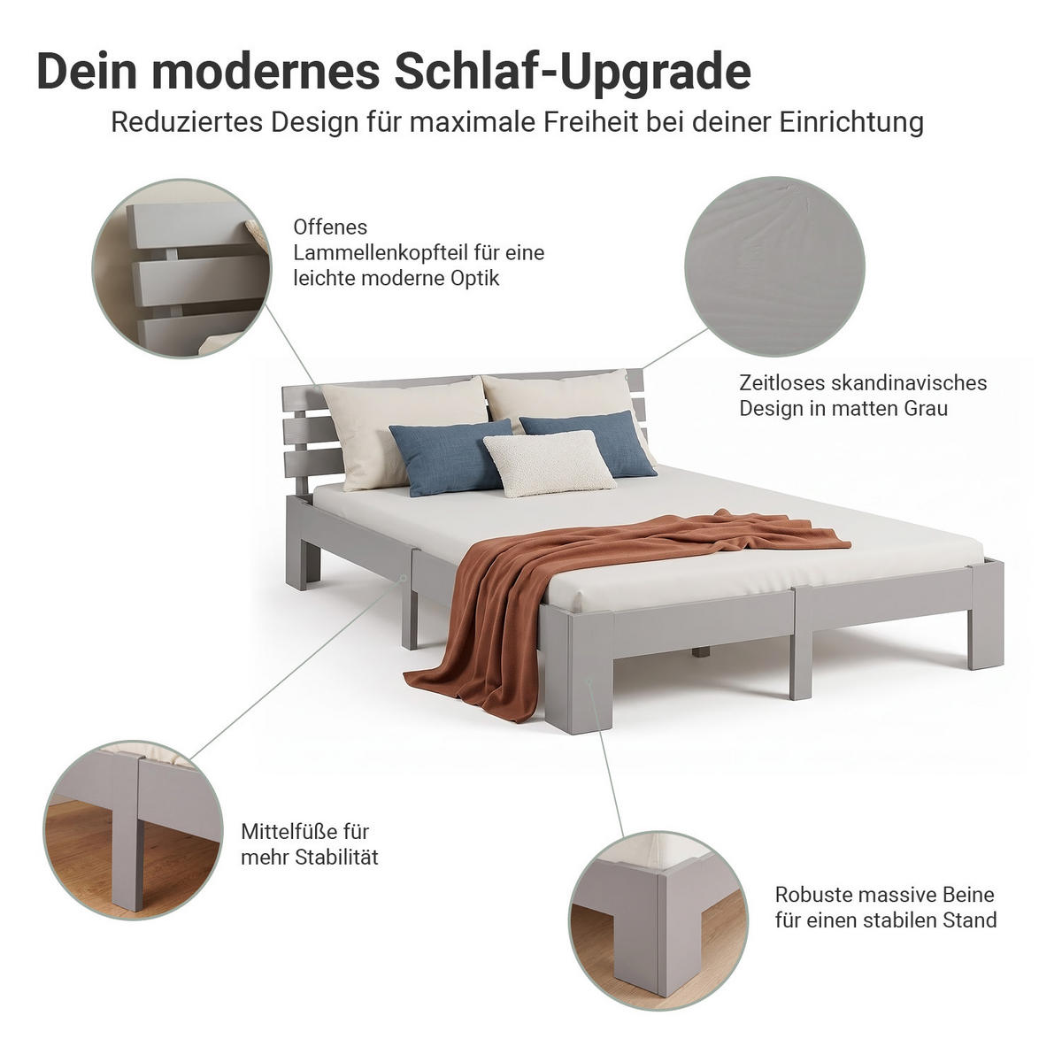 HOLZBETT mit Matratze 160/200 cm Doppelbett Grau - Grau, Holz (160/200cm) - Homestyle4u