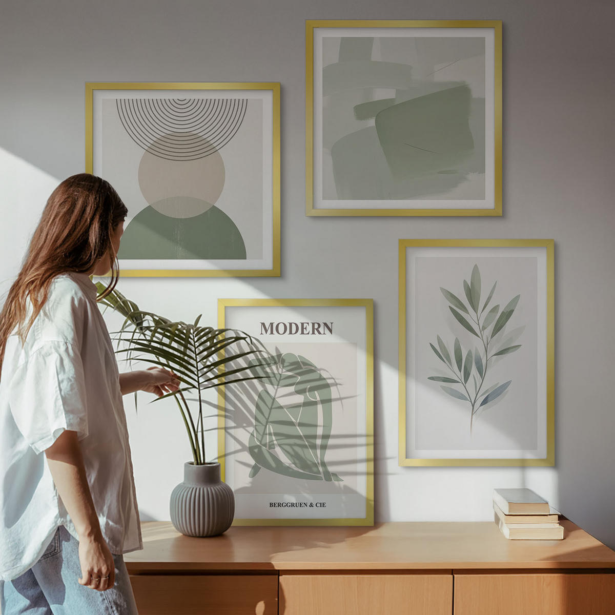 BILDER SET 4er Set - 50x50 cm & 40x60 cm Goldrahmen - Stilvolle abstrakte Pflanzengrafiken - Goldfarben, Kunststoff (50/50cm) - TULUP