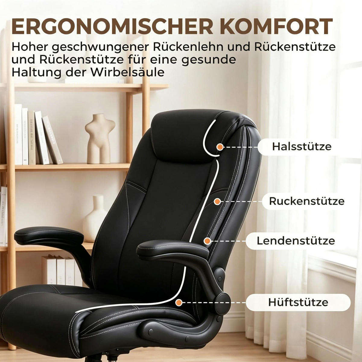 BÜROSTUHL in Schwarz 77x69,5x106 cm, höhenverstellbar mit hochklappbaren Armlehnen - Schwarz, Leder (69.5/106/77cm) - IVMEU