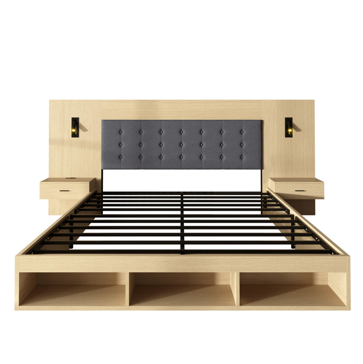 DOPPELBETT aus MDF 160x200 cm Helle Eiche mit USB-/Type-C-Anschluss, Leselampen, 2 Nachttischen und Stauraum - Eichefarben, Holzwerkstoff (140/200cm) - Modfu