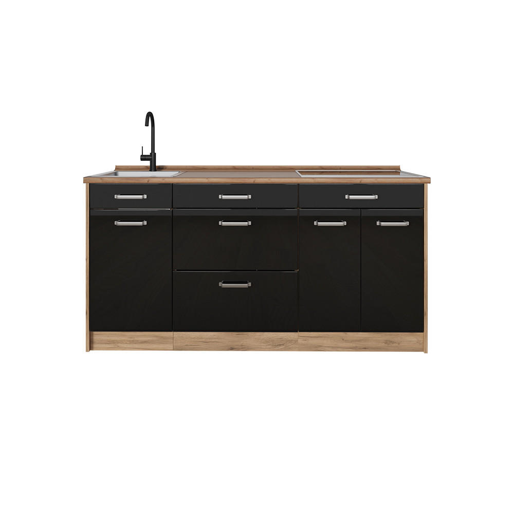 Vicco Küchenblock Schwarz Hochglanz, Eiche 160x81.6x46 cm