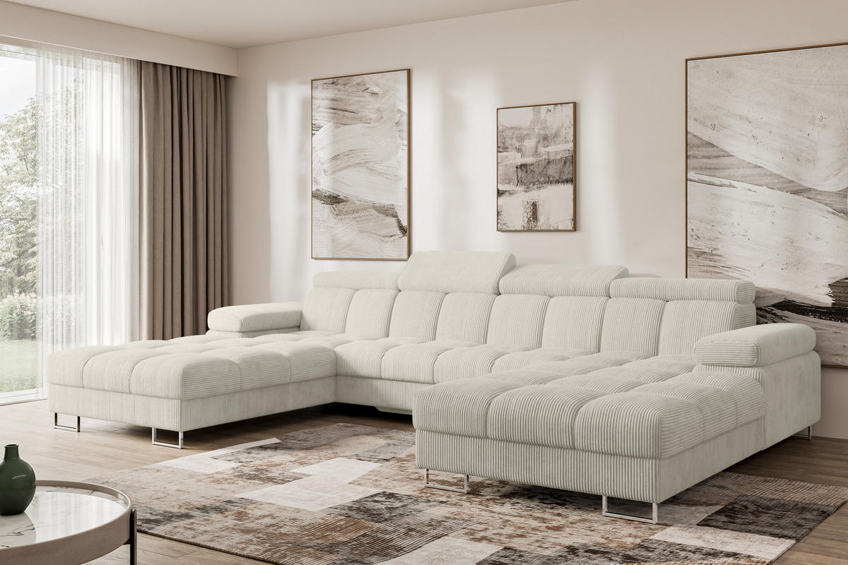 WOHNLANDSCHAFT mit Schlaffunktion und Bettkasten COMA U2 345x203x79 Creme Cord - Mokka, Holzwerkstoff/Textil (345/79/203cm) - ALTDECOR