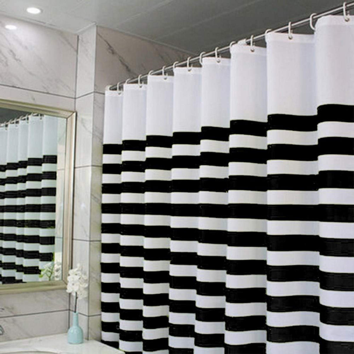 DUSCHVORHANG Weiß und Schwarz 180 x 200 cm Streifen Polyester wasserdicht schimmelresistent Badezimmer - Schwarz, Textil (180/200cm) - MCBOSON