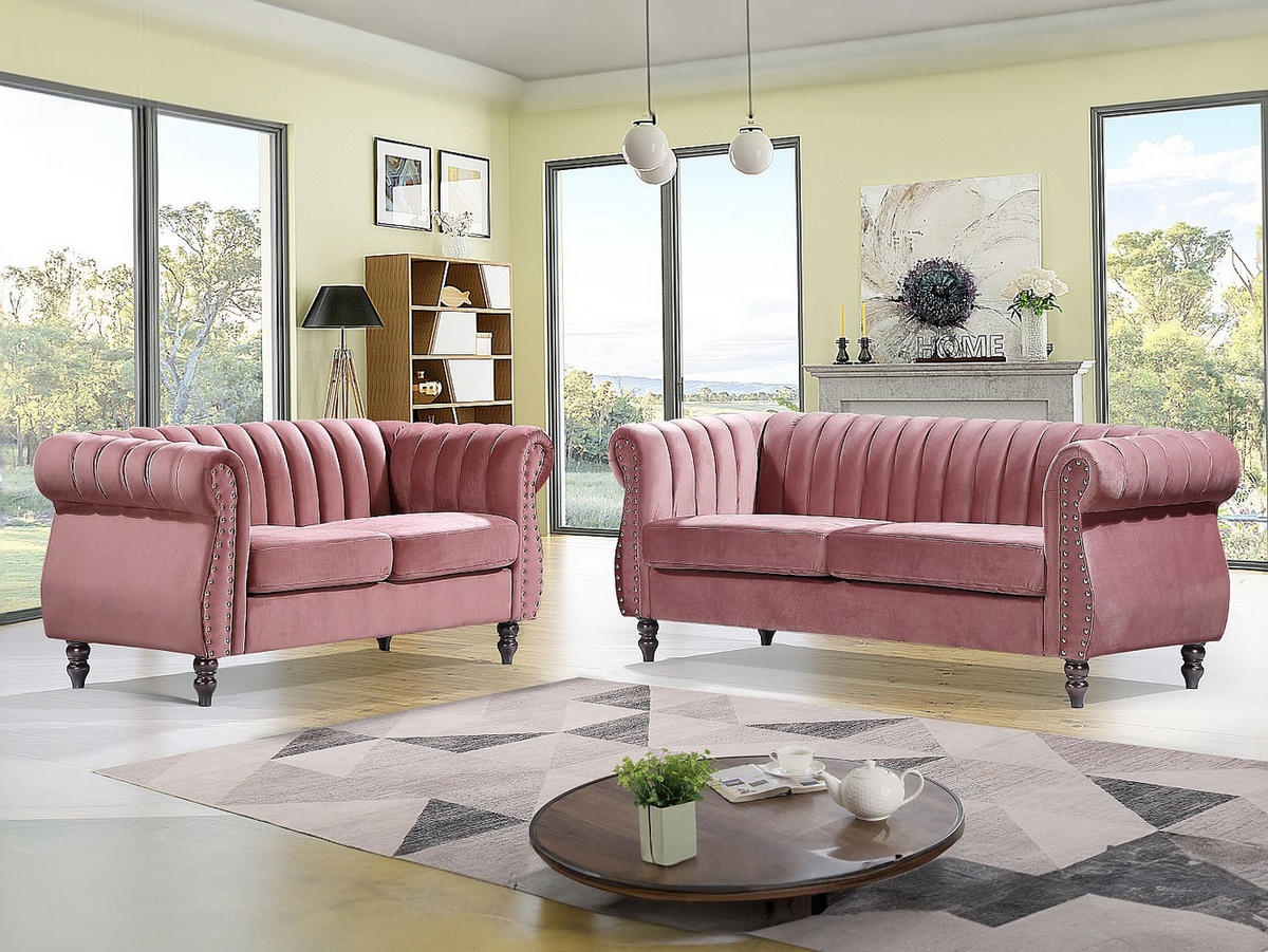 CHESTERFIELD-SOFAGARNITUR - 3-Sitzer & 2-Sitzer - Samt - Altrosa - TRUMBO - Pink, Textil (195/77/78cm) - Vente-Unique