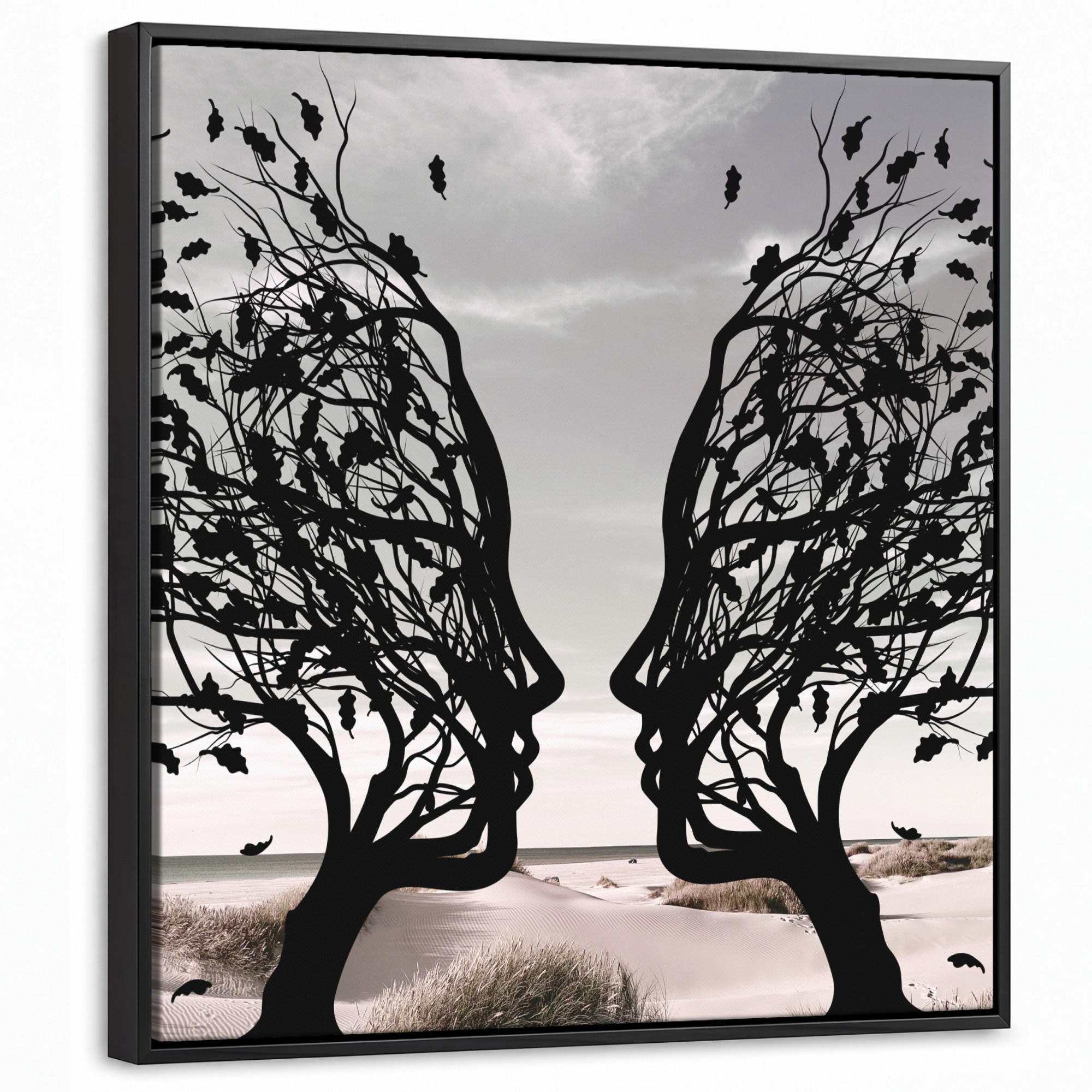 LEINWAND Bilder mit Rahmen - Strand - Meer - Menschen - Baum - Moderne Kunst - 50x50 - Hellgrau, Textil (50/50cm) - MuchoWow