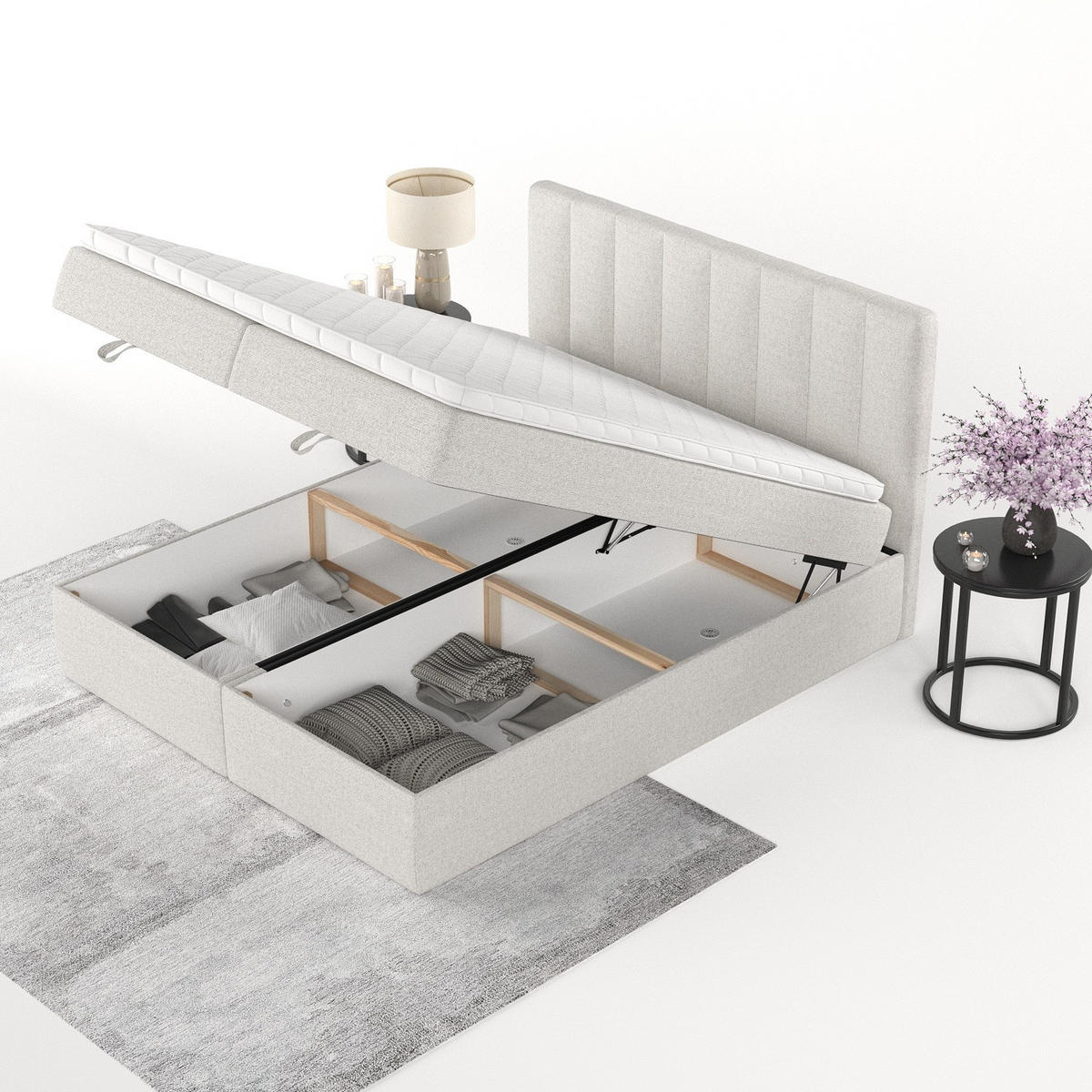 BOXBETT Lusso 140/200 cm Hellbeige im Riva Stoff - Sandfarben/Schwarz, Holz/Holzwerkstoff (140/200cm) - AltaBeds