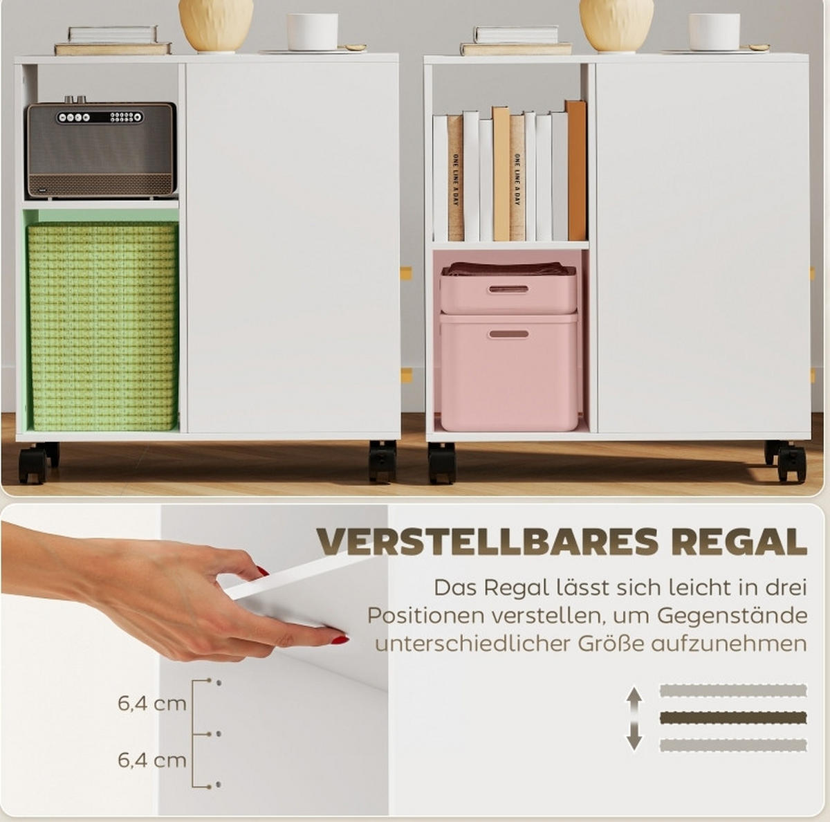 BÜCHERREGAL 60/30/65 cm mit 2 Schubladen, Rollen und verstellbarem Boden in Weiß - Weiß, Holz (60/65/30cm) - BEAOK