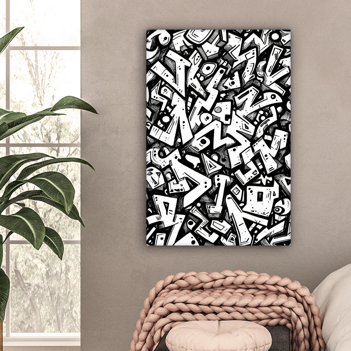 LEINWANDBILD Formen - Buchstaben - Graffiti - Schwarz Wanddeko Schlafzimmer 60x90 cm - Schwarz, Textil (60/90cm) - MuchoWow