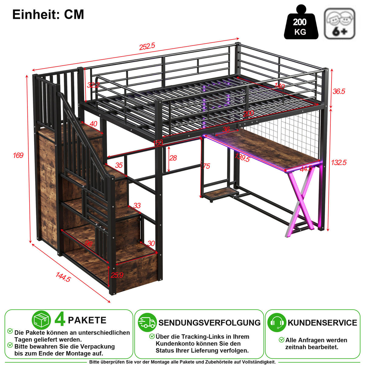 HOCHBETT 140/200 cm in Schwarz mit LED, Ablageleiter, Schreibtisch, Kleiderschrank und Regalen - Schwarz, Holzwerkstoff/Metall (140/200cm) - CHICFURN