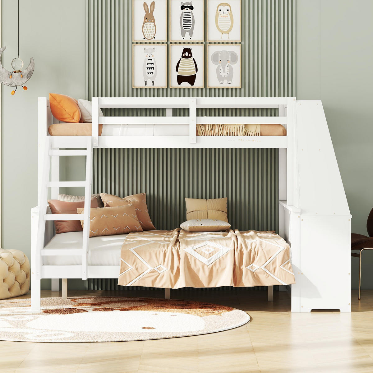 ETAGENBETT aus Kiefern und MDF 90x200/140x200 cm Weiß mit Schreibtisch, Bücherregal und Stauraum - Weiß, Holzwerkstoff (90/200cm) - Modfu