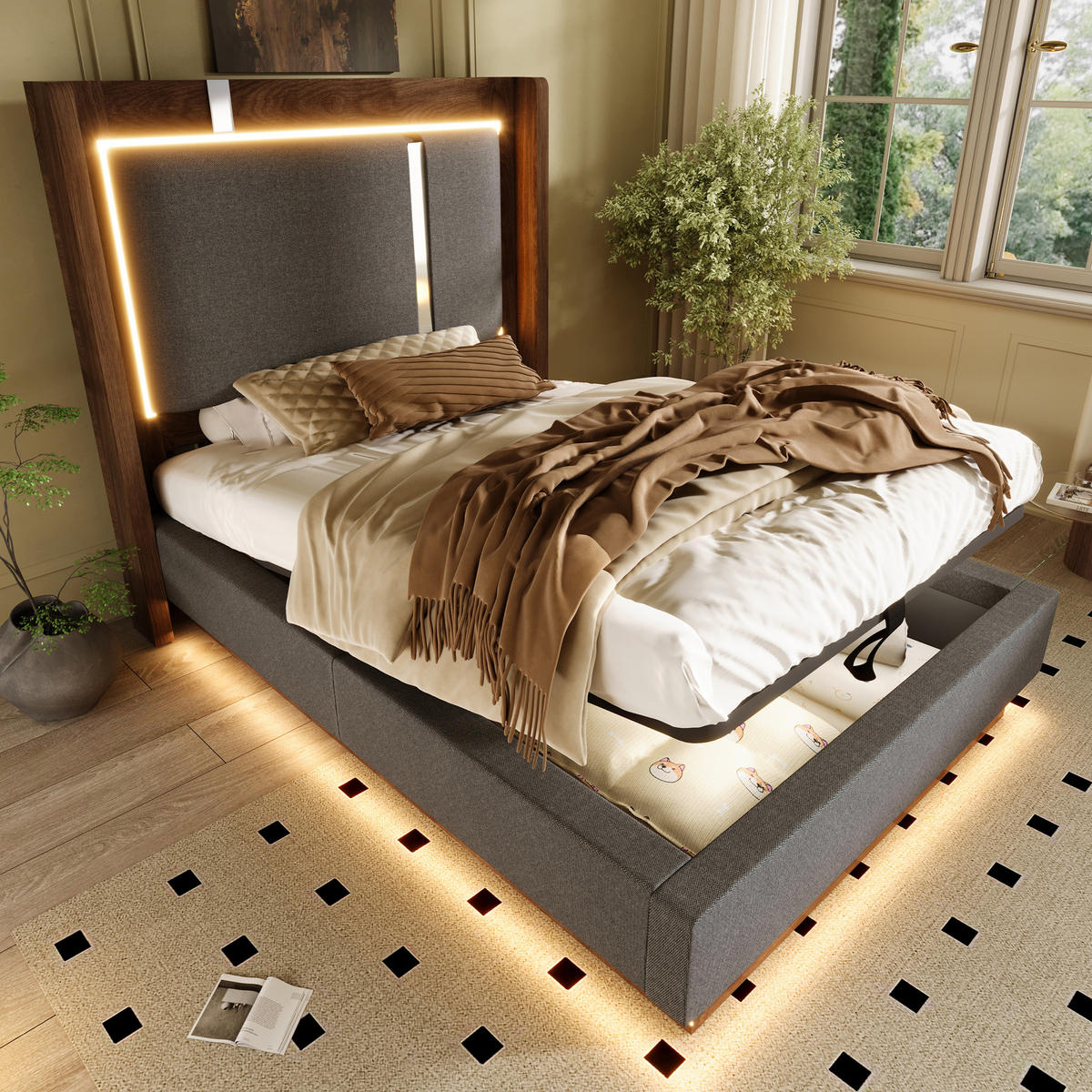 POLSTERBETT 90/200 cm Grau mit LED und Bettkasten, ohne Matratze - Grau, Textil (90/200cm) - Oxeza