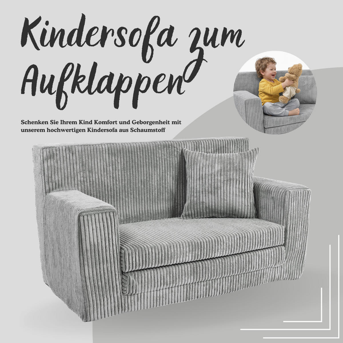 KINDERSOFA aus Kuschel-Cord in Hellgrau - Hellgrau, Textil (83/47/43cm) - Fortisline
