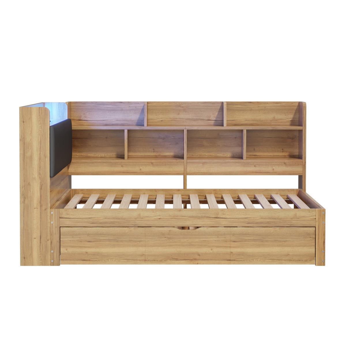 KINDERBETT aus MDF 90x200 cm Naturfarben mit Ausziehbett 90x190, LED-Beleuchtung, USB- und Type-C-Anschlüssen, Stauraum - Naturfarben, Holzwerkstoff (90/200cm) - Modfu