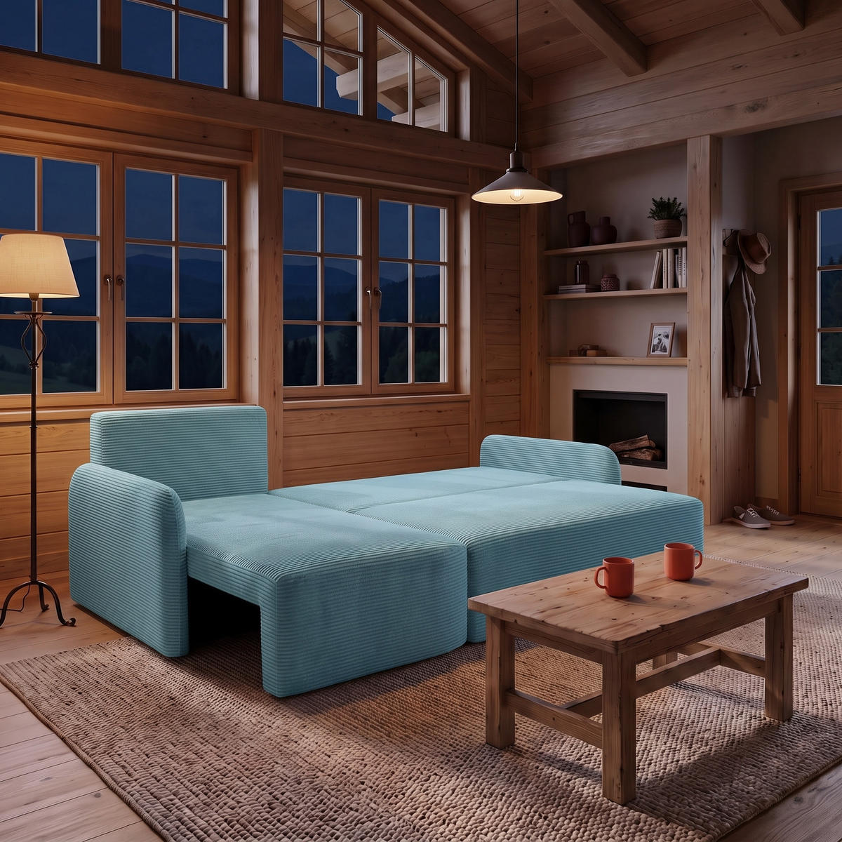 ECKSOFA CASPER L Links mit Schlaffunktion 132x198 Cord Blau - Blau/Schwarz, Holz/Kunststoff (217/145cm) - NACANAPA