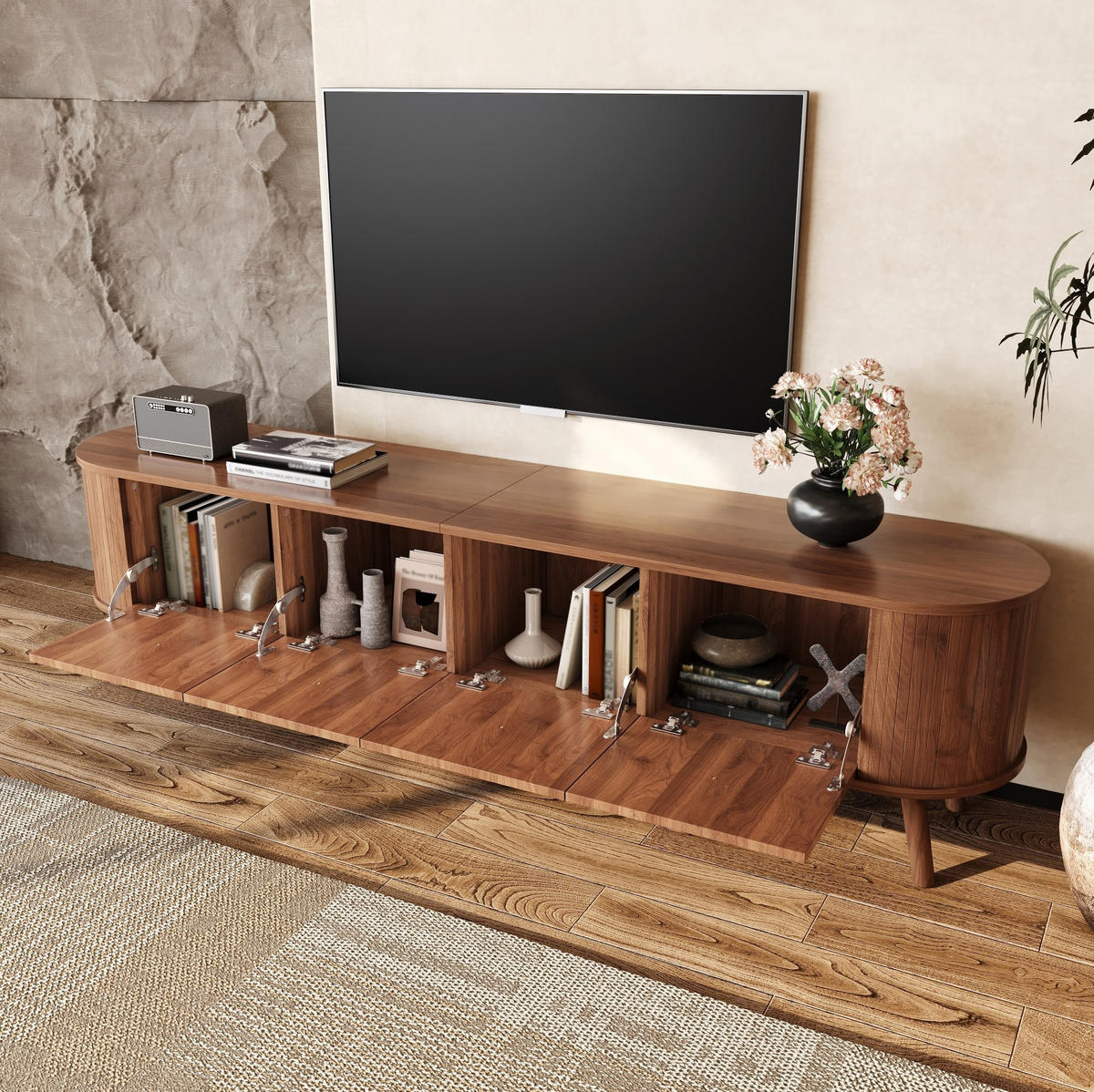 TV-SCHRANK aus MDF und Spanplatte 180x38x47 cm Nussbaum mit 4 Klapptüren und Vintage-Design - Braun, Holzwerkstoff (180/47/38cm) - Modfu