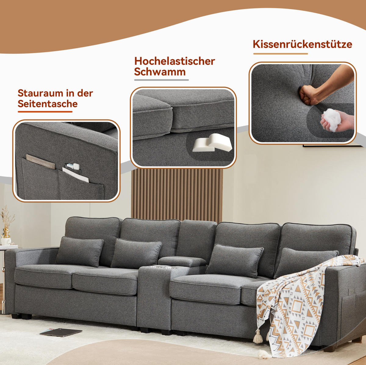 4-SITZER Sofa 290/83/88 cm Dunkelgrau aus Leinen mit USB-Anschluss und Getränkehaltern - Dunkelgrau, Textil (83/88/290cm) - OKMYHOME