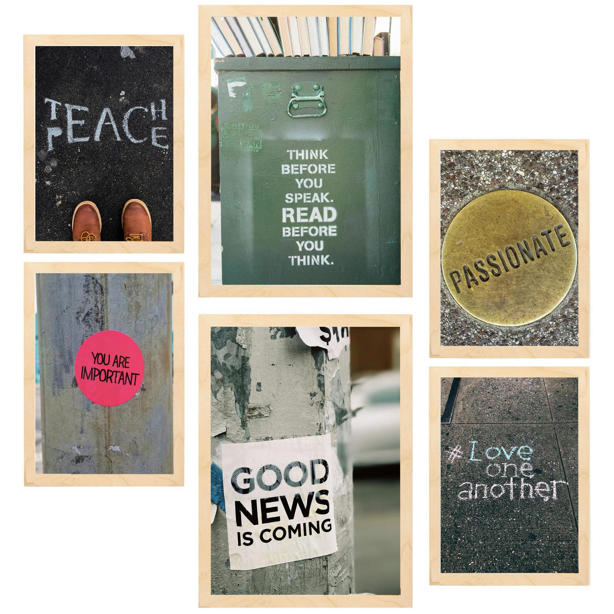 POSTER Set Mit 6 Inspirierende Straßensätze Urban Art A3 & A4 Rahmen Aus Hellem Holz - Beige, Papier (29/3cm) - Nacnic