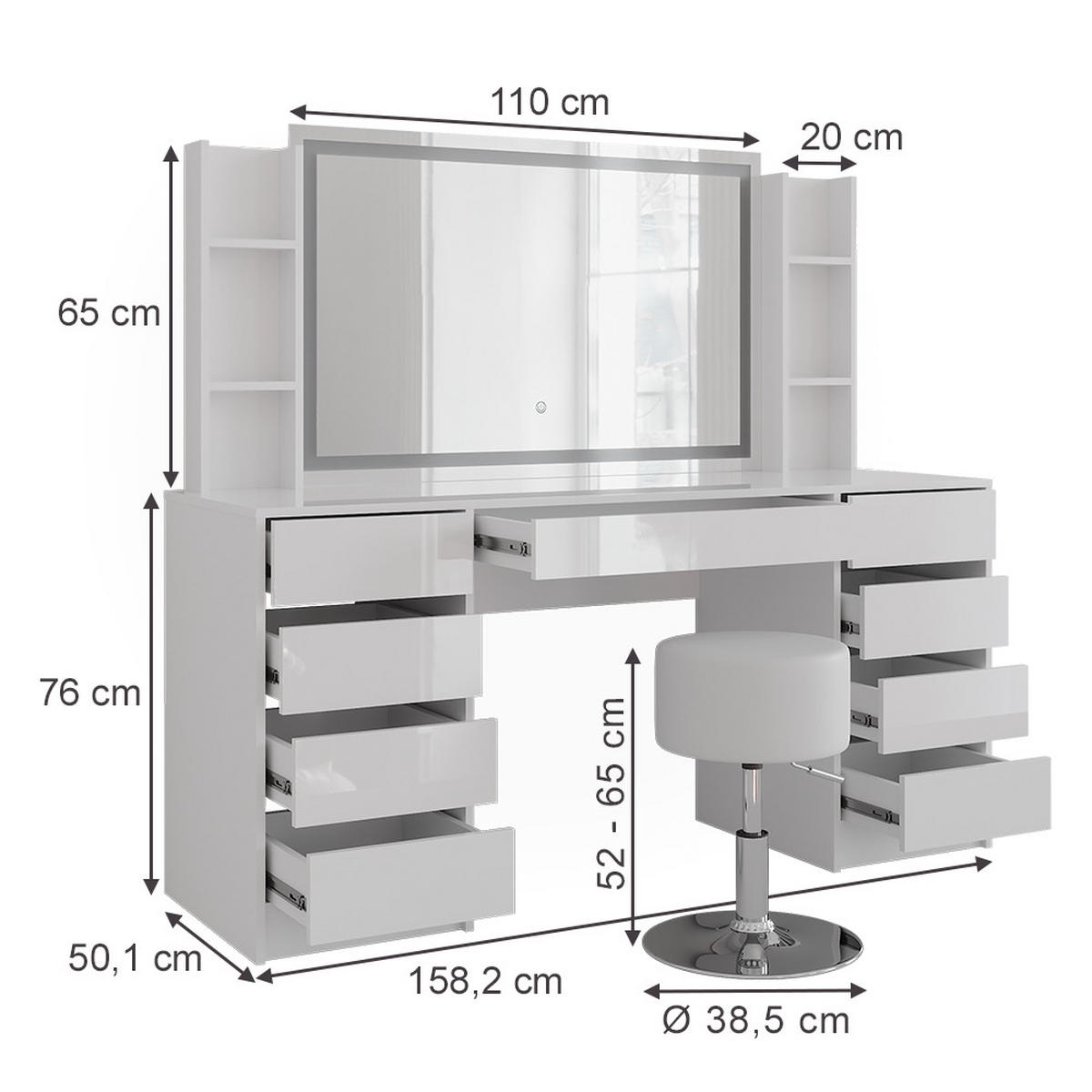 SCHMINKTISCH Sherry Weiß/Weiß Hochglanz 158.2 cm 5 Teile - Weiß Hochglanz, Holzwerkstoff (158.2/76/50.1cm) - Vicco