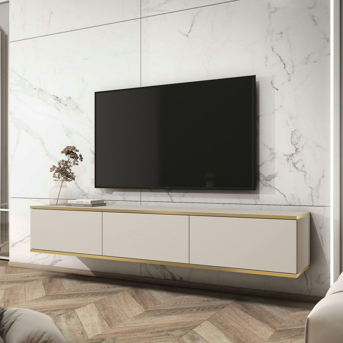 HÄNGEBOARD Banff RTV175 – Beige Matte Front, Artisan-Eiche - Beige, Glas/Holzwerkstoff (175/30/32cm) - Komodee