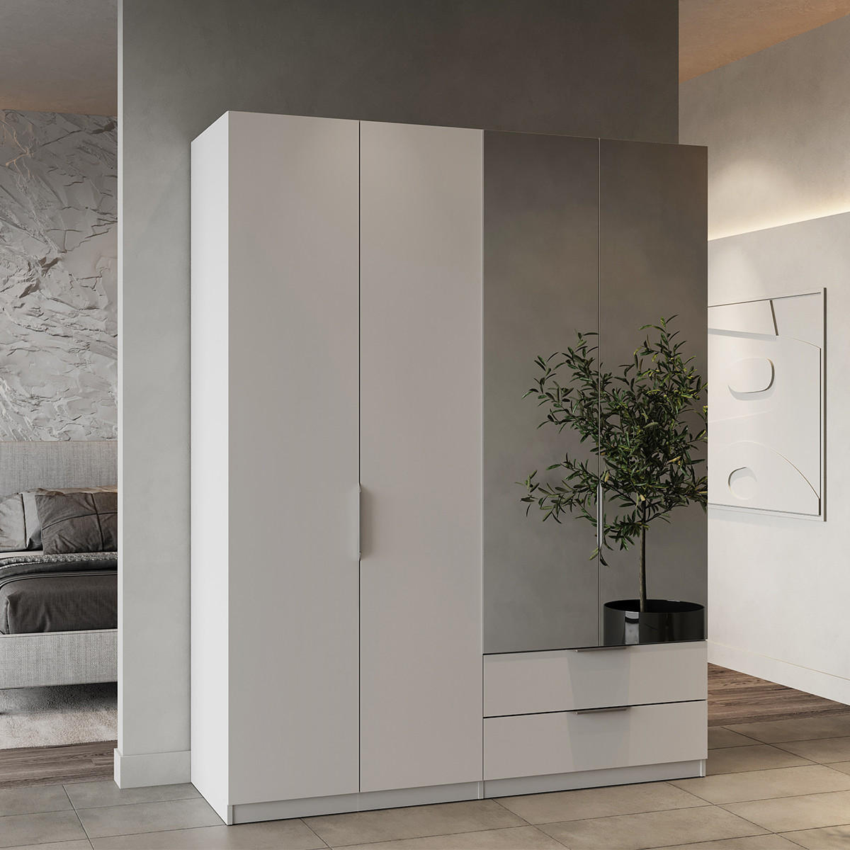 KLEIDERSCHRANK mit 4 Türen, 2 Schubladen und 2 Spiegeln Ghost - L157,3 cm - Weiß, Holz (157/203/51cm) - Demeyere