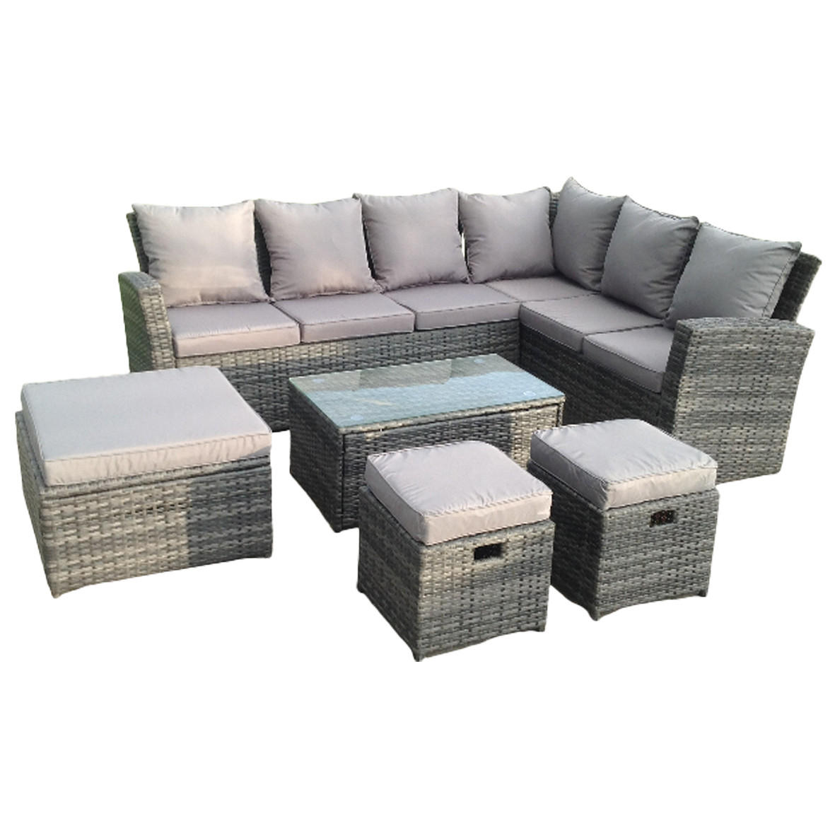 GARTENTISCHGRUPPE Polyrattan 9-Sitzer - Dunkelgrau/Grau, Glas/Kunststoff - Fimous