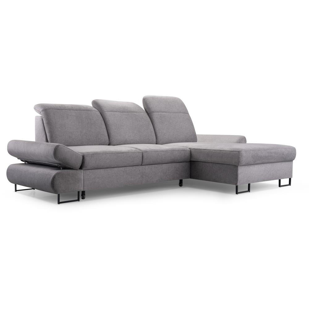 ECKSCHLAFSOFA Karo mit verstellbaren Kopfstützen Hellgrau rechts - Hellgrau/Schwarz, Textil/Metall (265/156cm) - Beautysofa