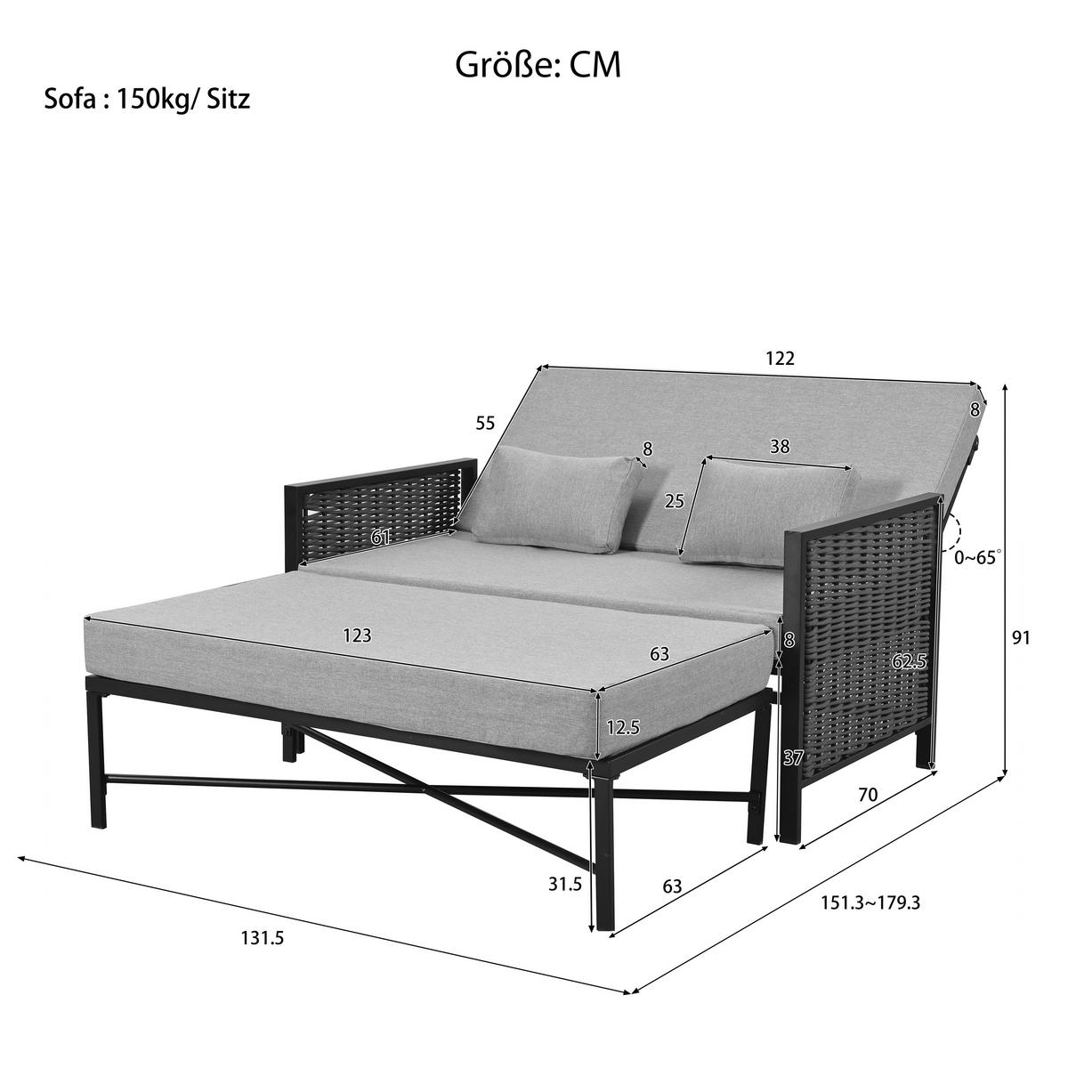 GARTENMÖBEL, 2-Personen Outdoor-Liegebett, Rückenlehne 0-65°, Grau - Grau, Textil (131.5/91/151.3cm) - FLIEKS