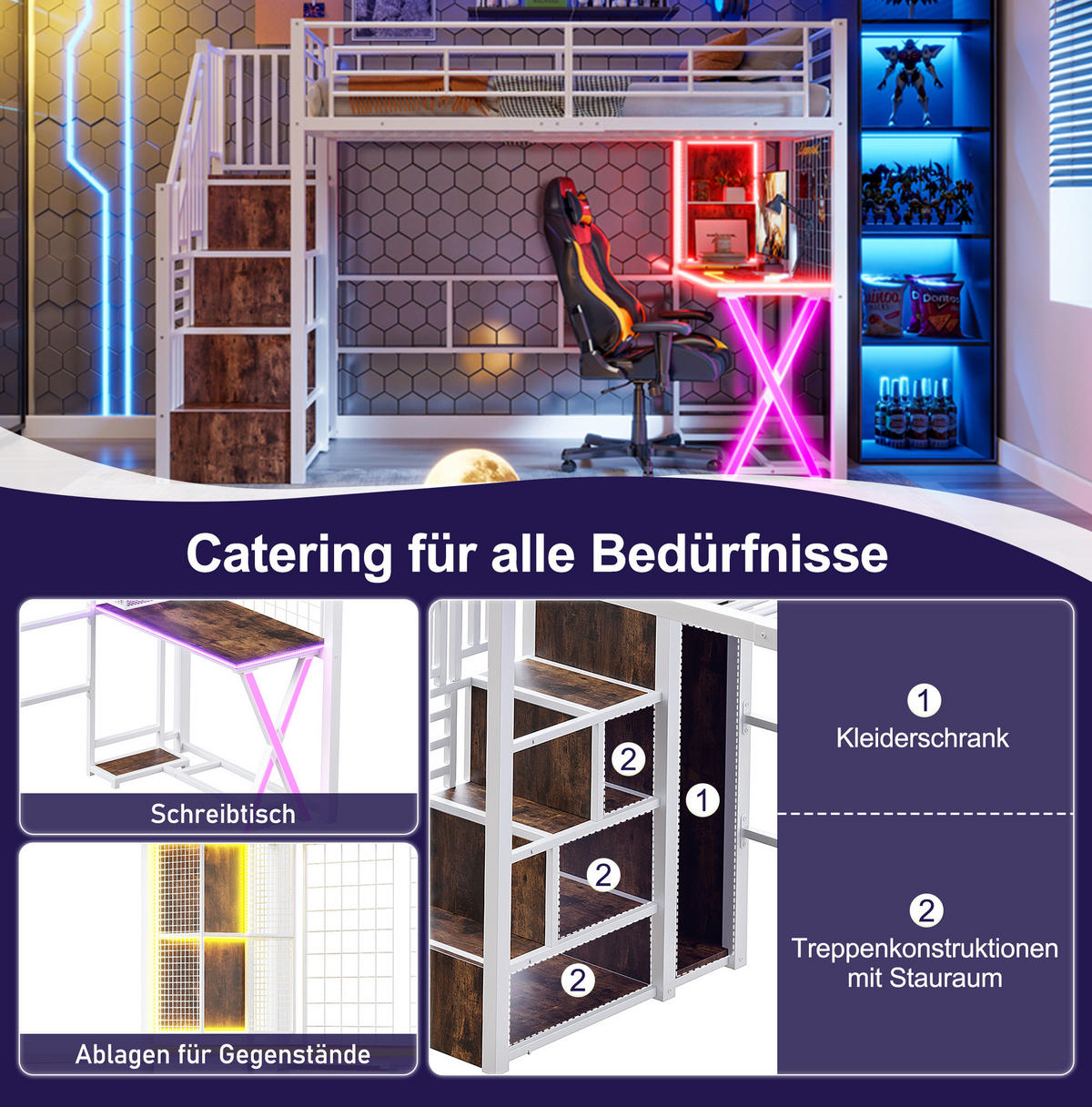HOCHBETT 90/200 cm in Weiß – mit Schreibtisch, Kleiderschrank und Ablageleiter - Weiß, Metall (90/200cm) - BEAOK
