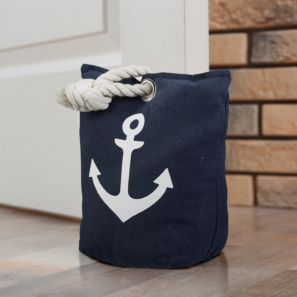 DÖRRSTOPP Mörkblå Vit ankarmotiv - Mörkblå, Textil/Naturmaterial (18/9cm) - Relaxdays