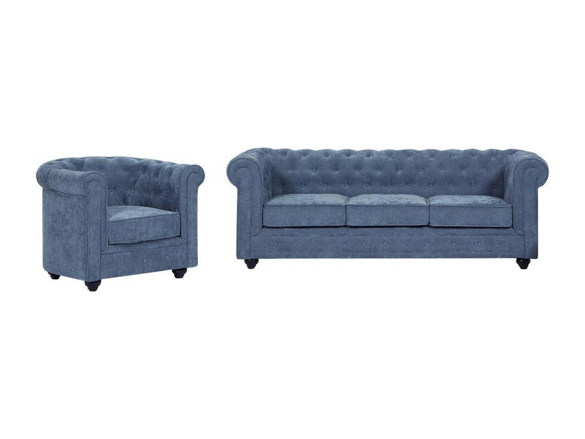 SOFA 3-Sitzer & Sessel - Stoff - Blau - CHESTERFIELD - Blau, Textil (88/72/205cm) - Vente-Unique