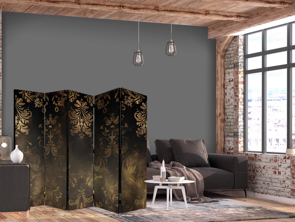 PARAVÁN Akustický 5-dielny 225x172 cm Barokové Ornamenty - hnedá, drevo/textil (225/172/3cm) - Muralo