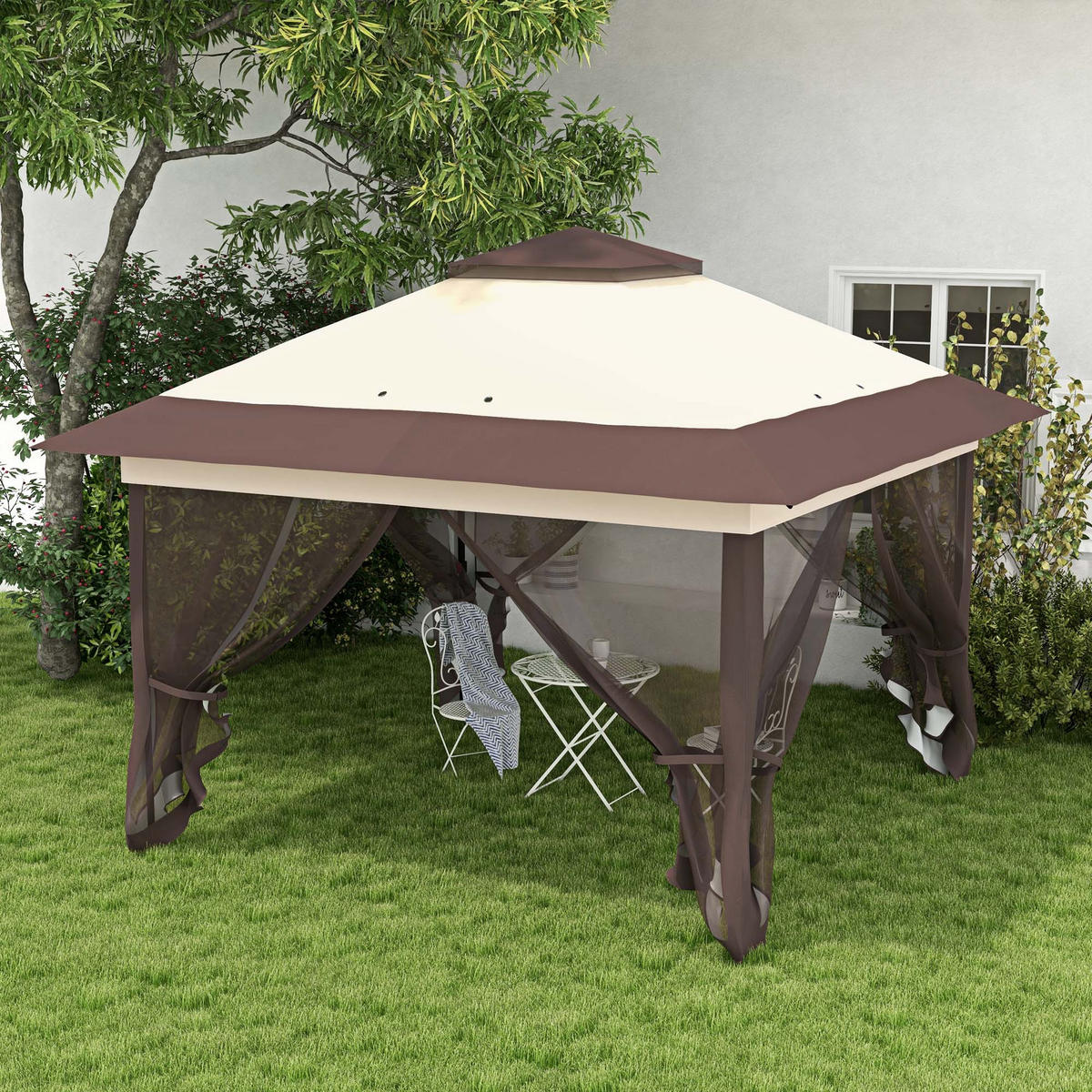PAVILLON DE-13981 Pop-up, 4 Moskitonetze, mit Rolltasche Khaki/Braun - Mokka, Metall (364/294/364cm) - ComfortXL