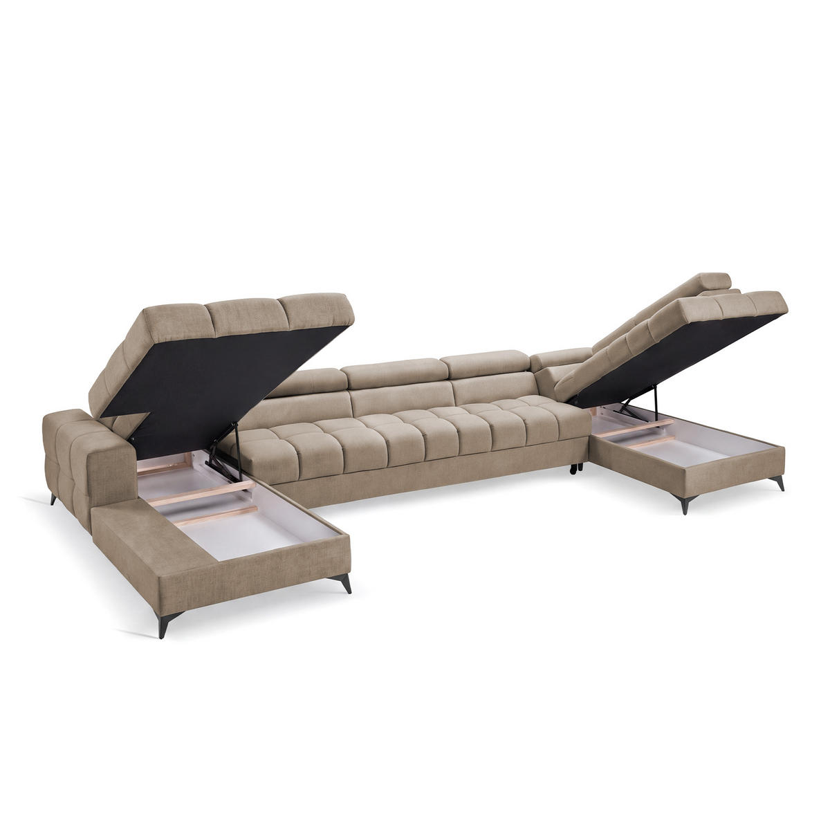 ECKSOFA PUDDING MAXI U Rechts mit Schlaffunktion 125x330 Velours Beige - Beige/Schwarz, Holz/Textil (421/203cm) - Muffo