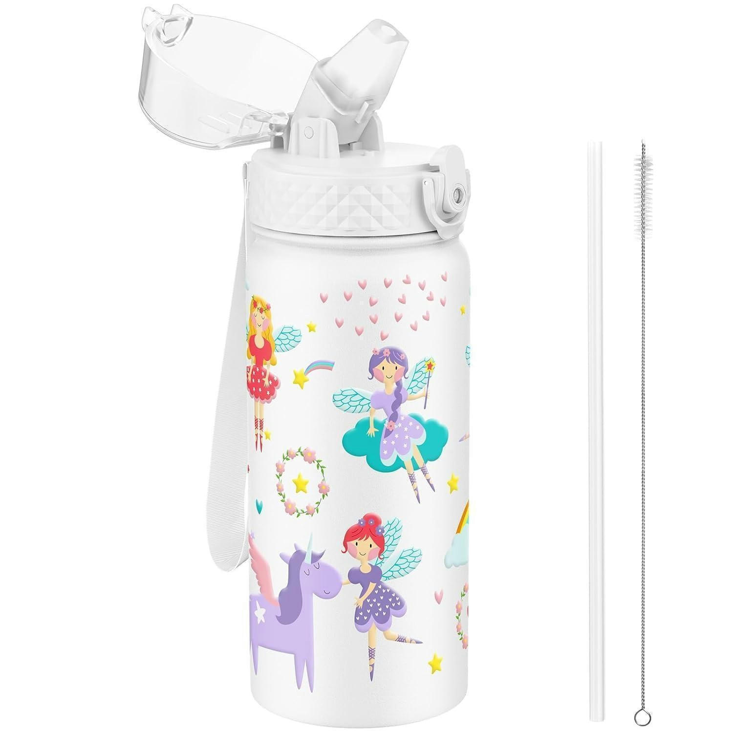 TRINKFLASCHE Kinder 550 ml Edelstahl mit Strohhalm und auslaufsicherem Deckel - Weiß, Metall (7.5/7.5cm)
