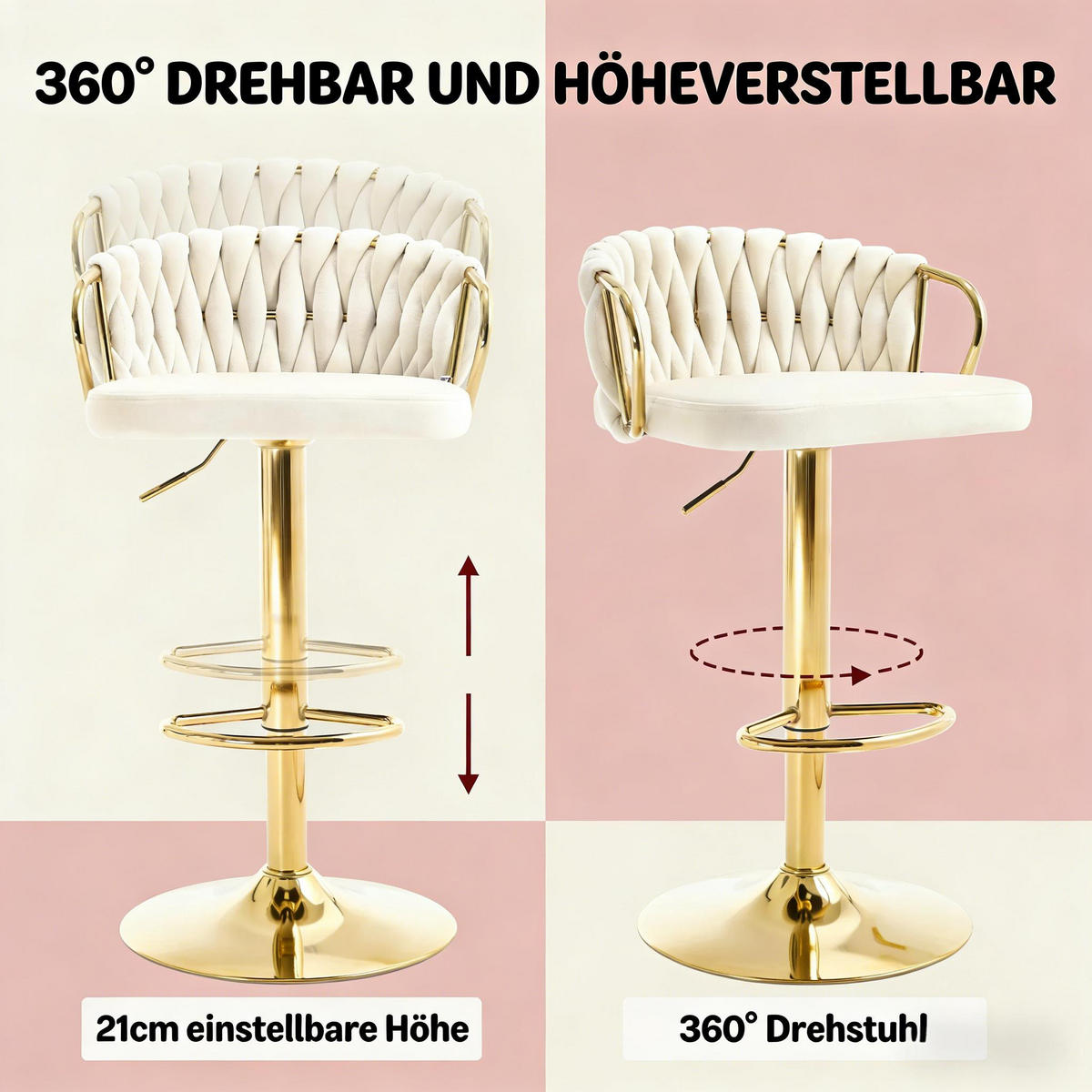 BARHOCKER DE-36090 Drehbar höhenverstellbar mit Samtbezug Cremeweiß - Creme, Metall (49.5/98/50.5cm) - ComfortXL