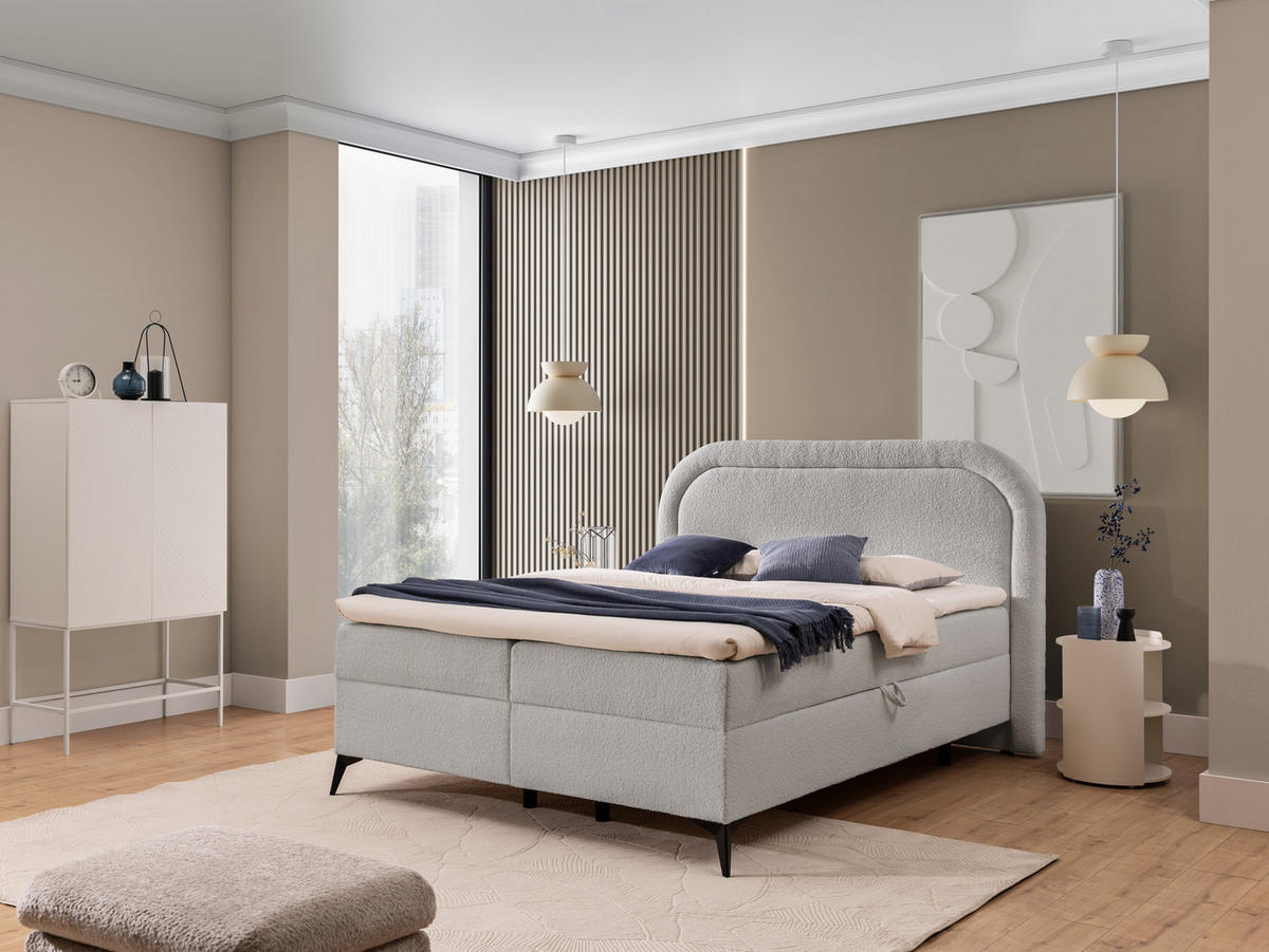 BOXBETT Sonna 160/200 cm Hellgrau Bouclé-Stoff mit abgerundetem Kopfteil und mit schwarzen Metallfüße - Hellgrau/Schwarz, Holz/Textil (160/200cm) - S-Style Möbel