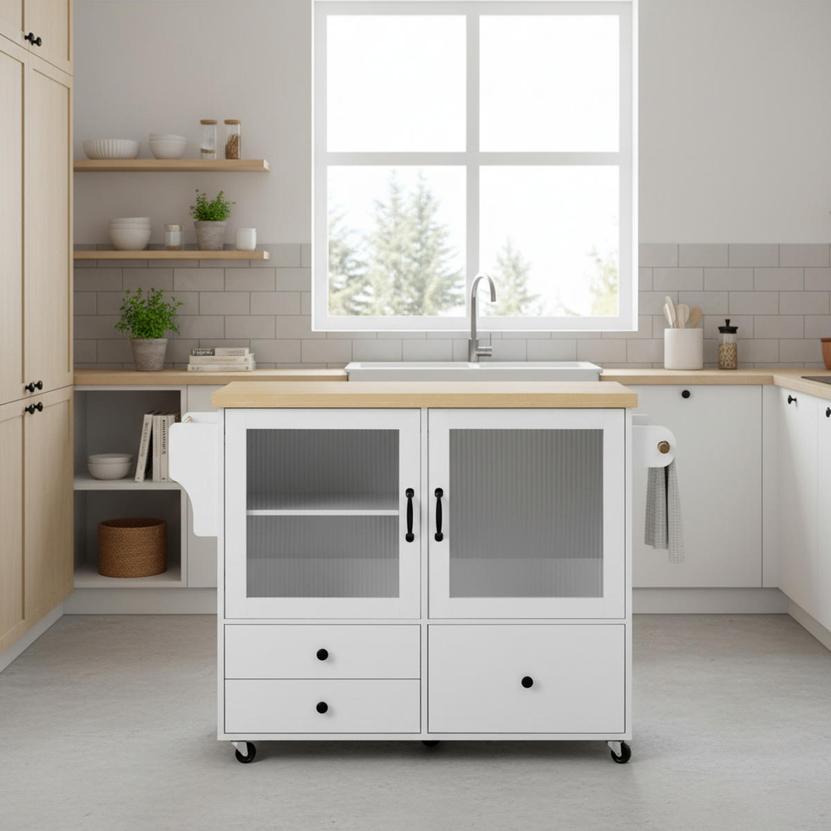 KÜCHENINSEL Mobile 100cm in Weiß & Natur - Weiß, Holzwerkstoff (100/92/42cm) - Urban Meuble