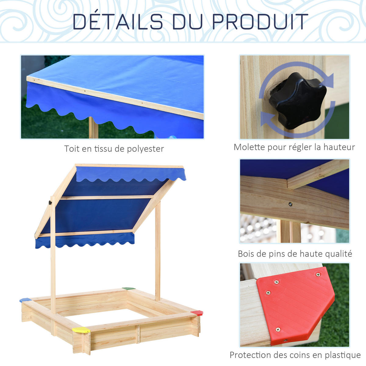 SANDKASTEN DE-18743 quadratisch mit verstellbarem Dach Naturholz - Blau, Holzwerkstoff (120/120/120cm) - ComfortXL