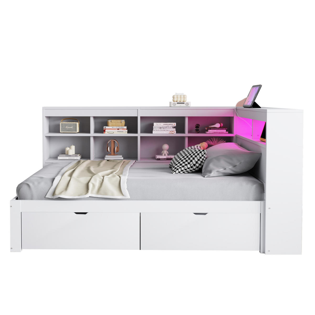 BETT Massivholzsofa 90/200 cm Weiß mit USB- und Steckdose und LED-Beleuchtung - Weiß, Holzwerkstoff (90/200cm) - OKWISH