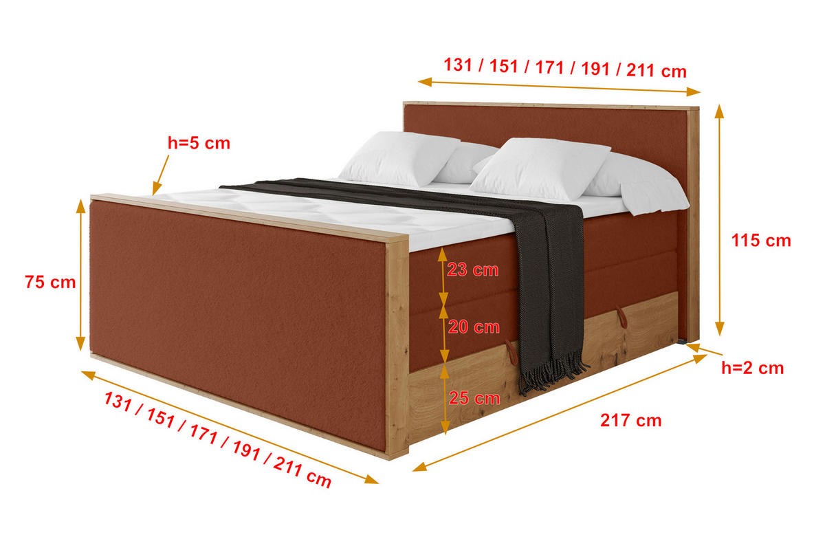 BOXSPRINGBETT LOLLI9 -Z-KING 140x200 - H3/H4 Rot - Rot, Holzwerkstoff (140/200cm) - ALTDECOR