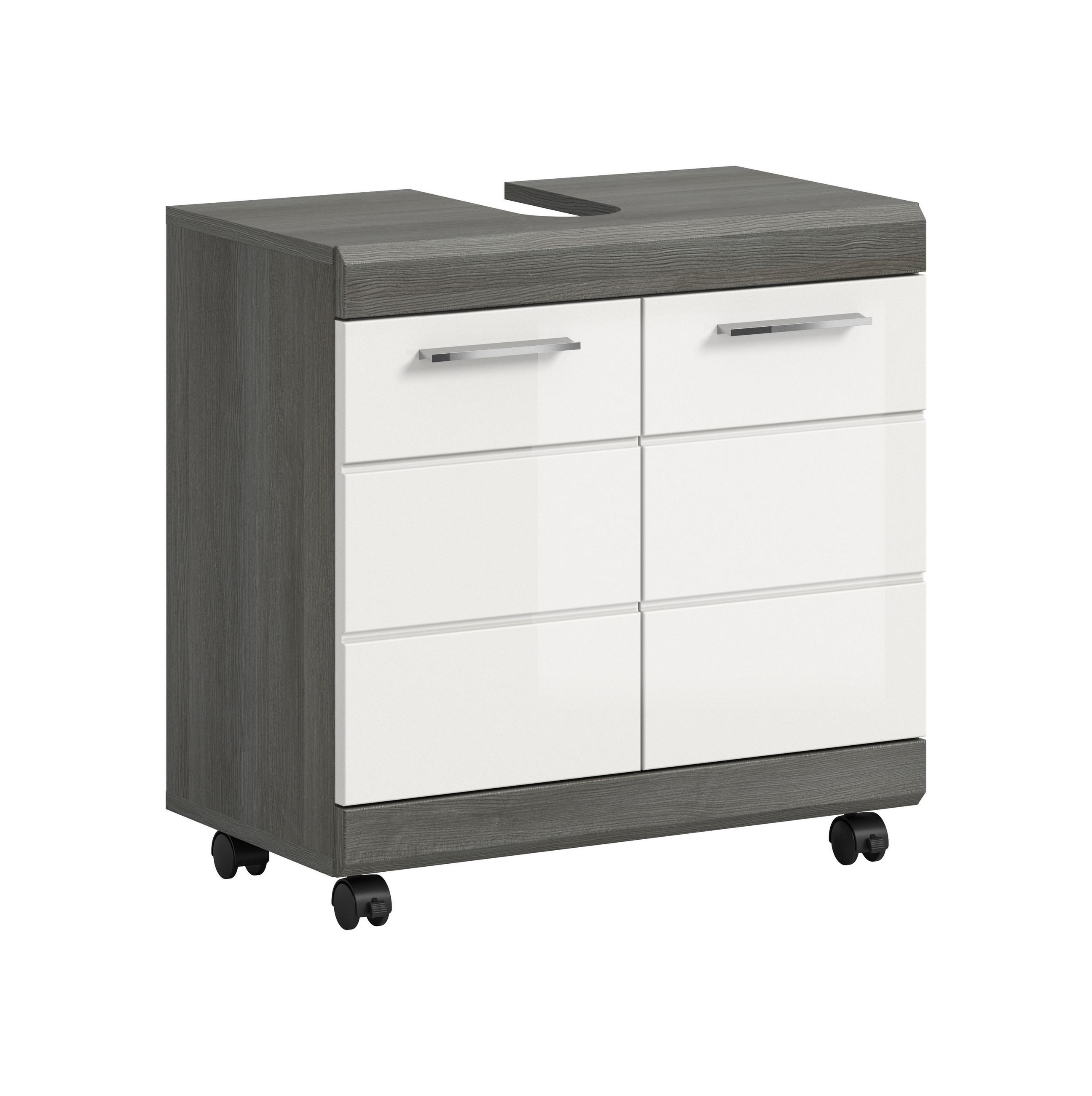 WASCHBECKENUNTERSCHRANK auf Rollen SCOUT (B/H/T: ca. 60/60/34 cm) in Rauchsilber Nachbildung/weiß hochglanz - Silberfarben, Holzwerkstoff (60/60/34cm)