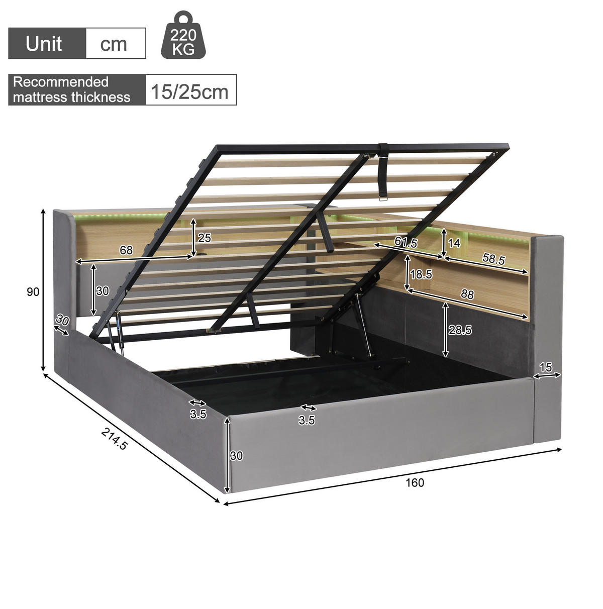 TAGESBETT aus Samt 140x190 cm Grau mit hydraulischem Stauraum, LED-Beleuchtung und USB-C-Anschluss - Grau, Textil (140/190cm) - Modfu