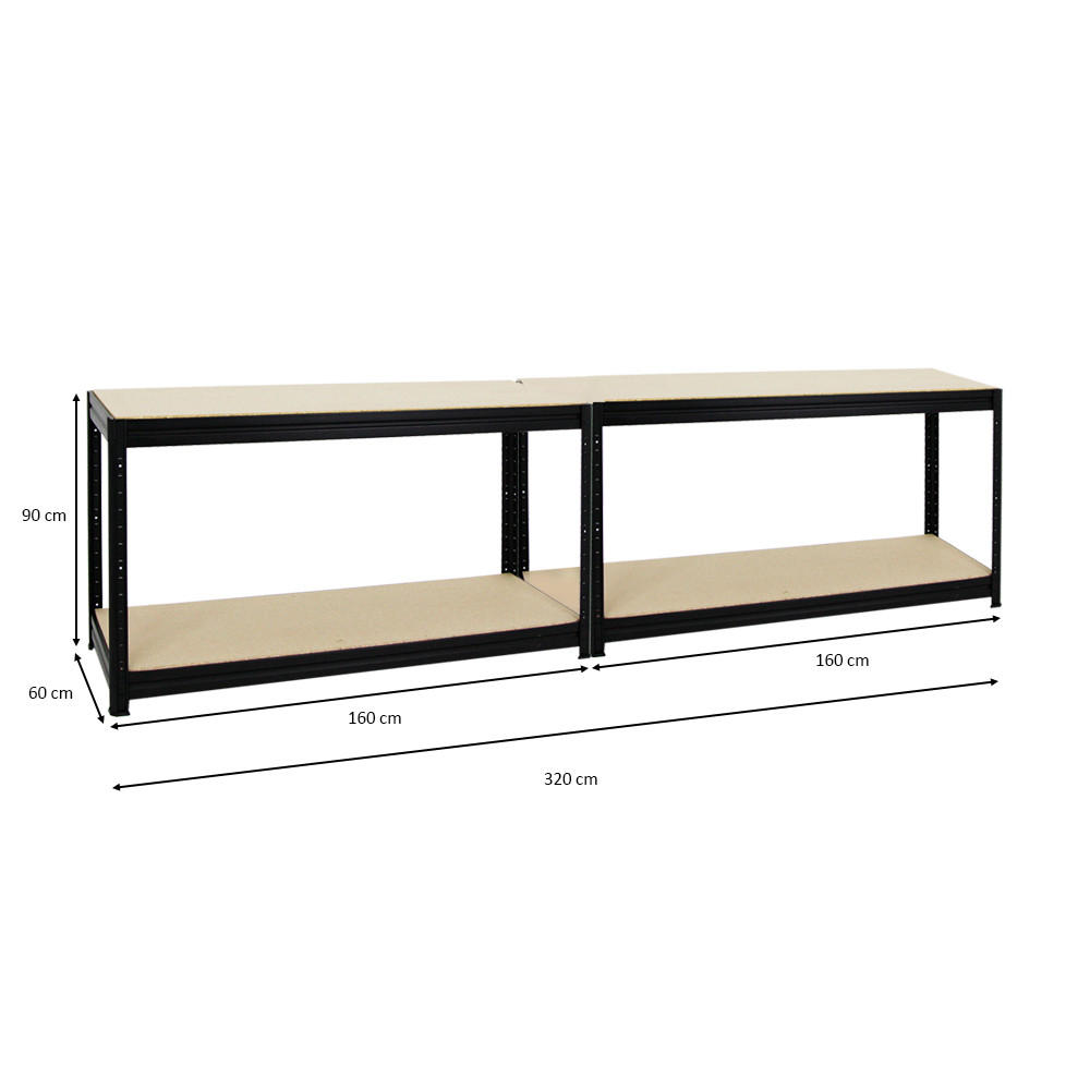 WERKBANK Dino 2er-Set mit 2x höhenverstellbar 90x160x60 cm Traglast 600 kg Schwarz - Schwarz, Metall (320/90/60cm) - PROREGAL