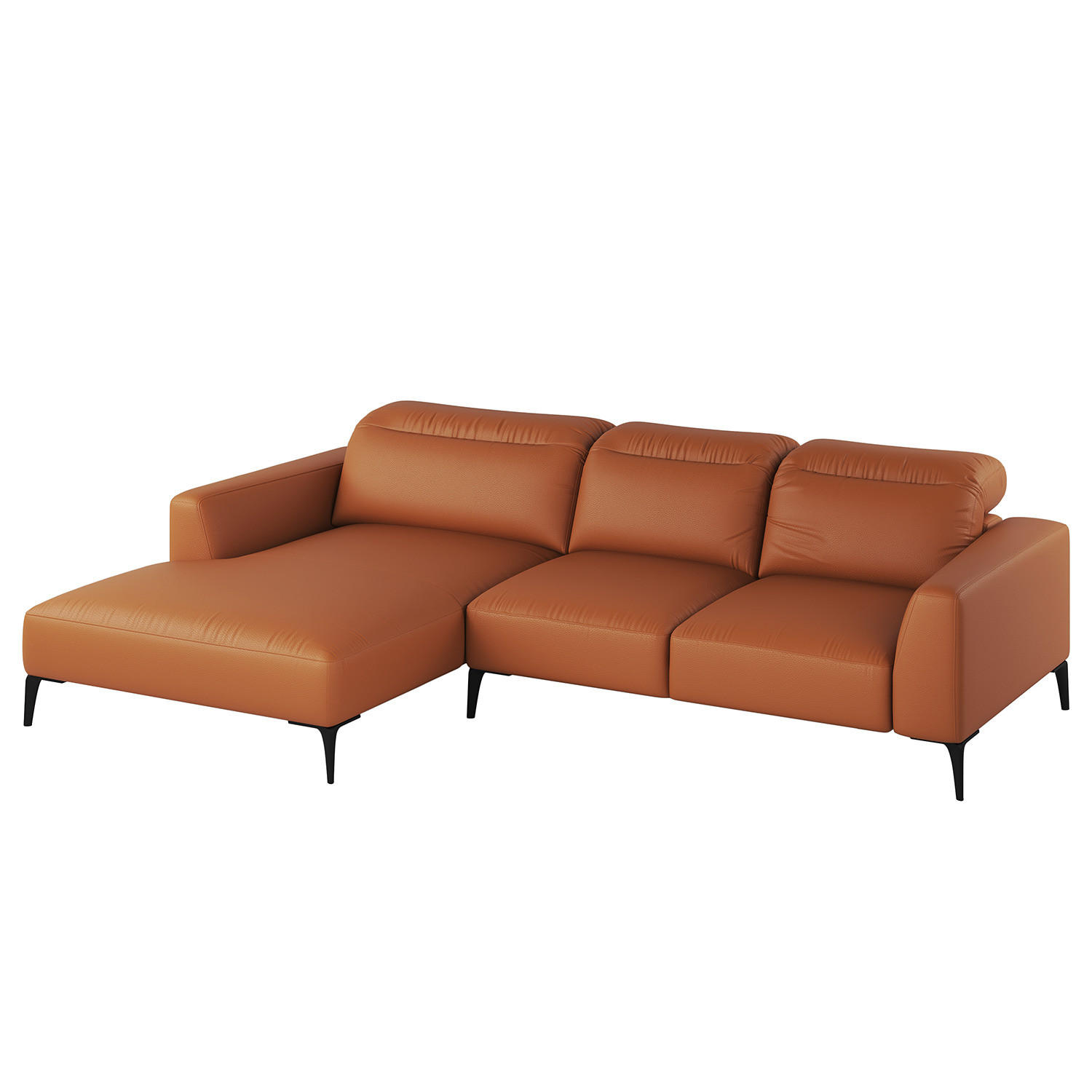 ECKSOFA mit Longchair - Kastanienfarben/Schwarz, Leder/Metall (265/180cm) - home24