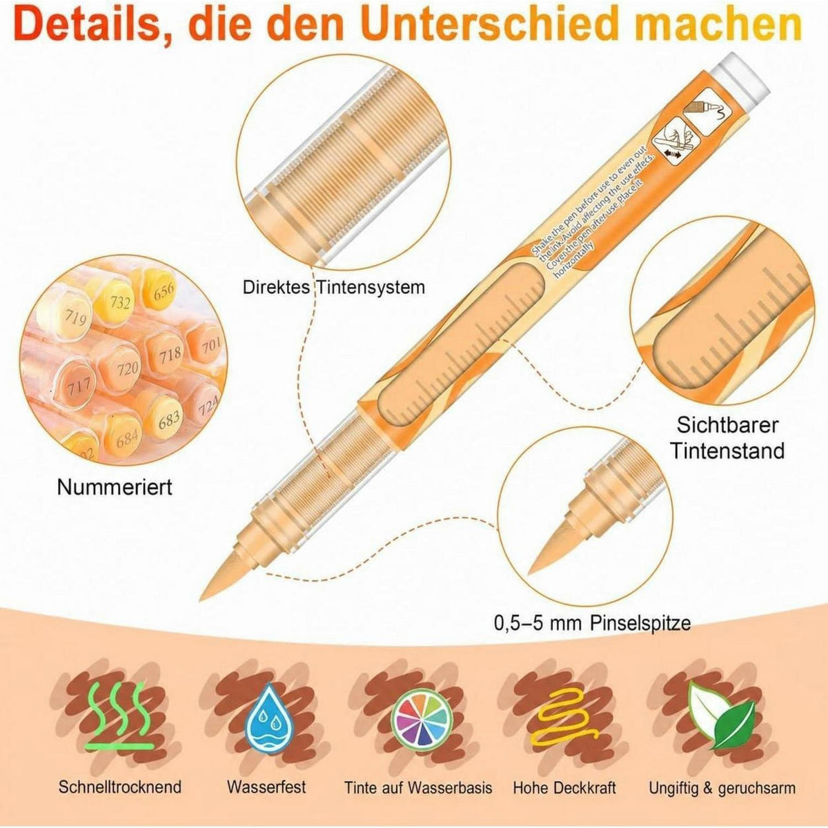 ACRYLSTIFTE 12-teiliges Set Hauttöne mit Pinselspitze - Gelb, Kunststoff (14/1/15cm)