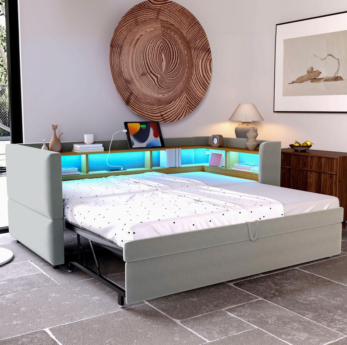 ČALÚNENÁ posteľ z flanelu 90x190 cm svetlosivá s LED osvetlením, zásuvkami a úložnými priehradkami - svetlosivá, textil (90/190cm) - Modfu