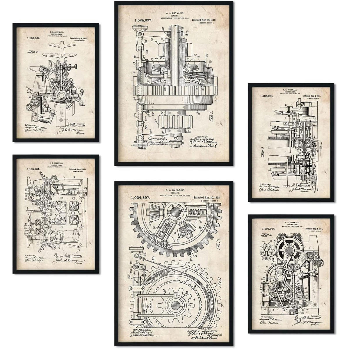 POSTER Set Mit 6 Maschinen Patenten Größe A3 und A4 Rahmenlos - Klar, Papier (29.7/1/42cm) - Nacnic